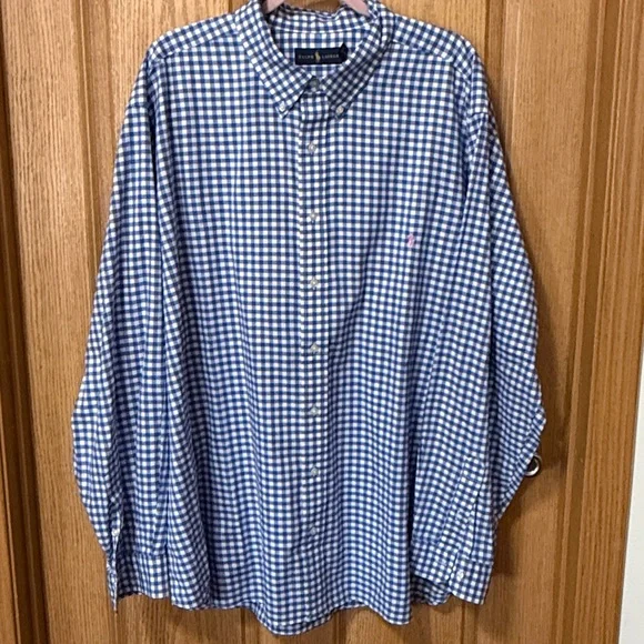 Ralph Lauren Blue and White Gingham Button Down Shirt Big & Tall 3XB 3XL - Picture 2 of 6